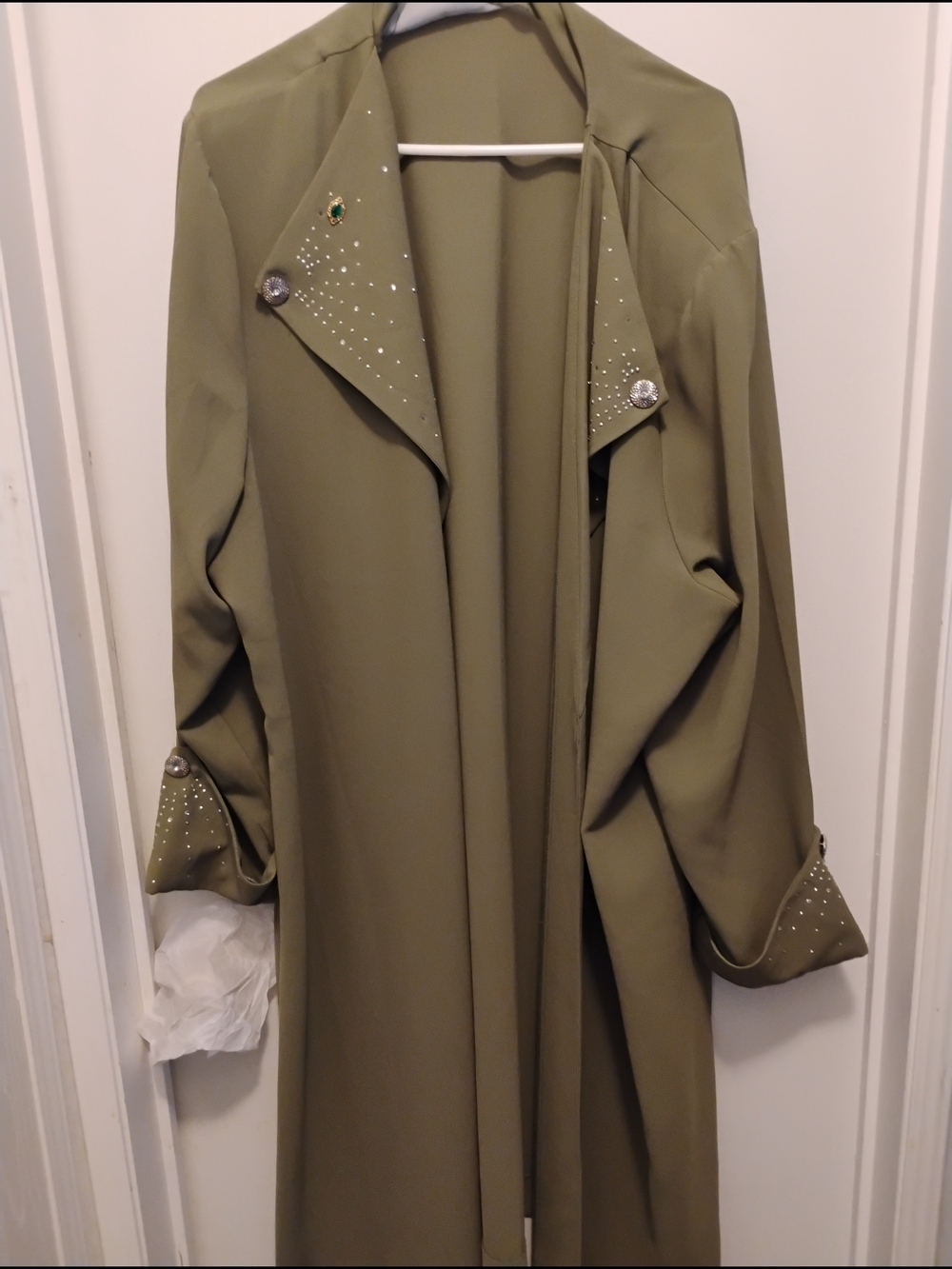 Olive Green Women's Duster Coat with Stud Crytal Lapel And Cuffs Elegant